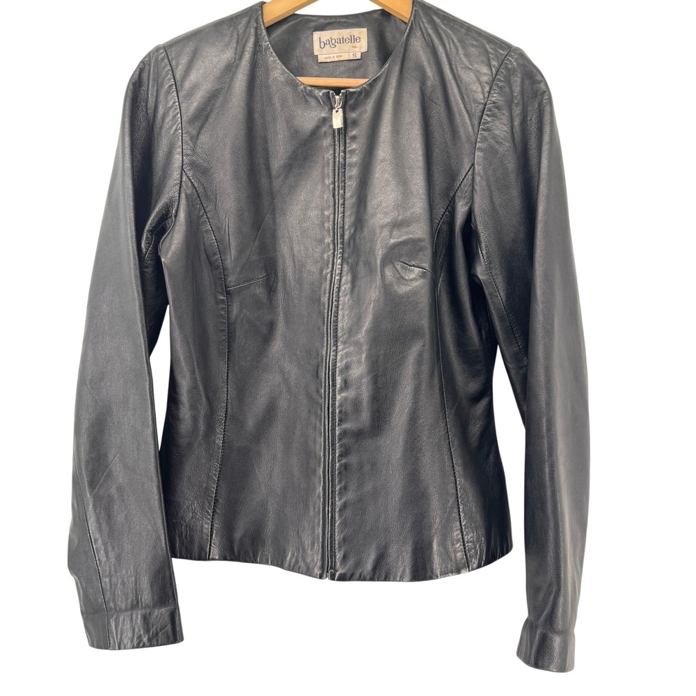 VTG Bagatelle Black Genuine Leather Collarless Zip Up Jacket Womens Small 9072